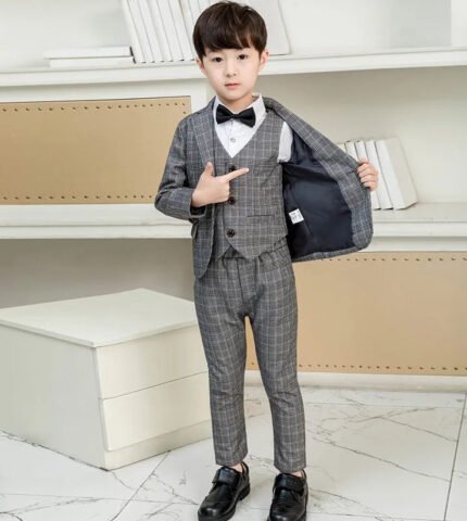 Flower Boys Formal Wedding Suit Kids England Style Blazer+Pant+Waistcoat 4Pcs Suit for Boys Kids Party Host Costume